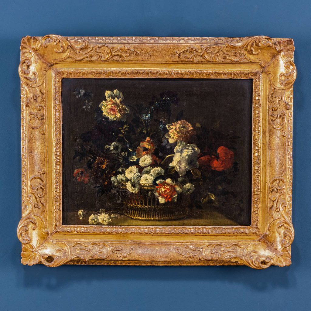 Basket of flowers on a shelf – Antoine Monnoyer