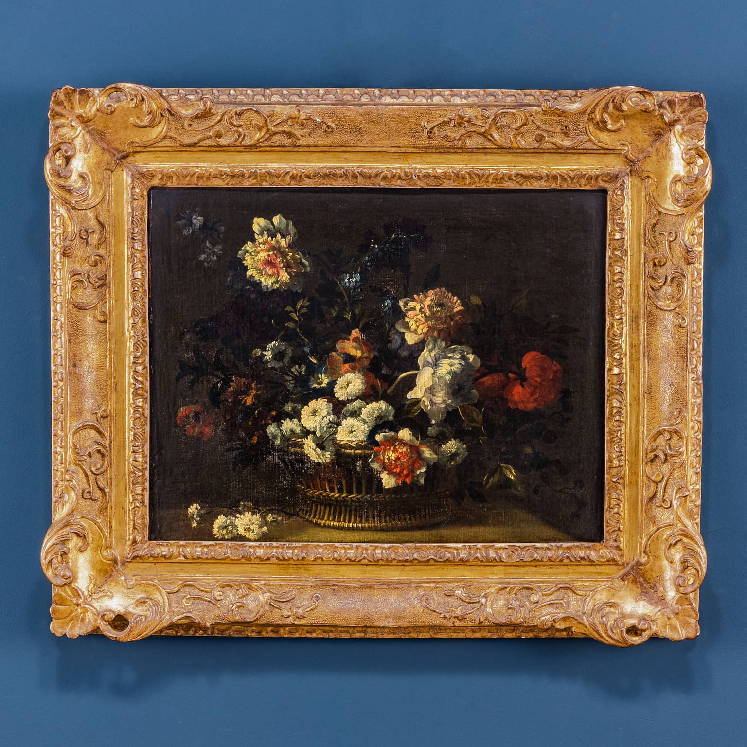 Basket of flowers on a shelf – Antoine Monnoyer, second-third decade 18th century