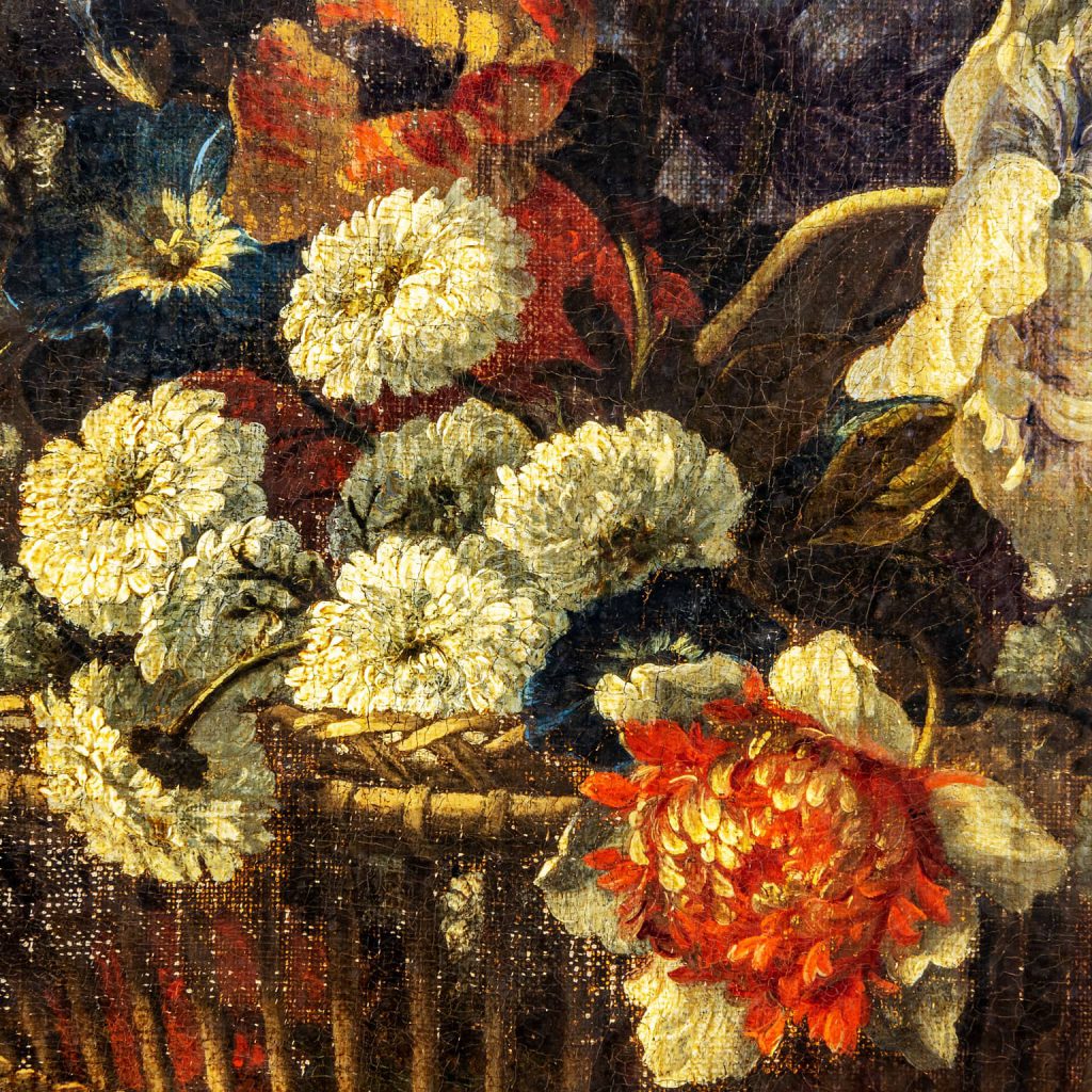Basket of flowers on a shelf – Antoine Monnoyer