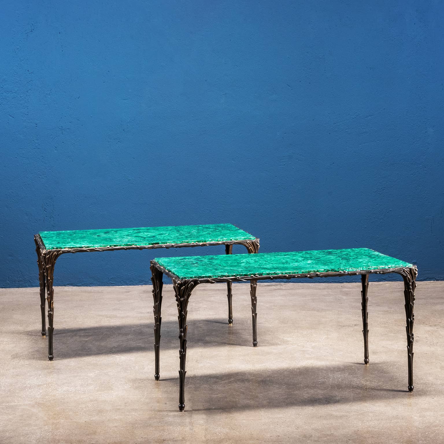 Pair of tables in gilded bronze and malachite