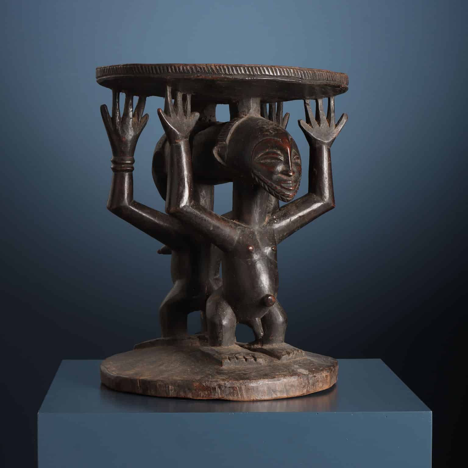 Chief’s chair with two wooden ancestor figures (Democratic Republic of Congo)