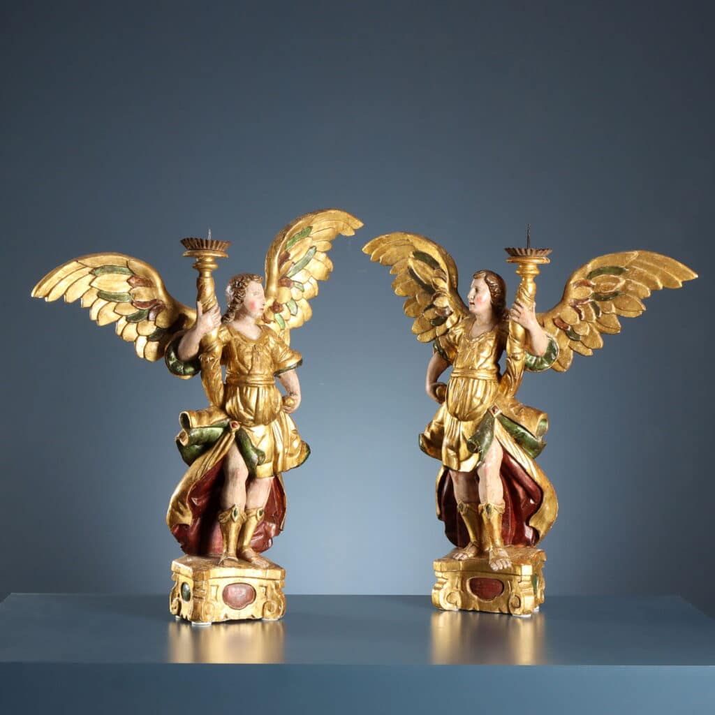 Pair of Candle-Bearing Angels, 17th-Century Antique Sculpture