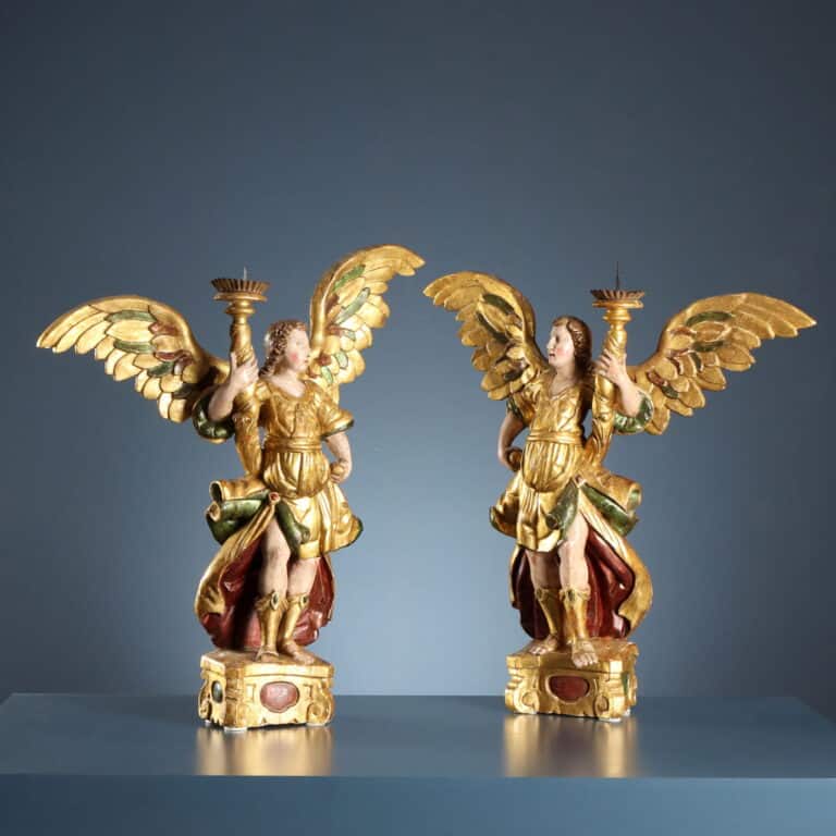 Pair of Candle-Bearing Angels, 17th-Century Antique Sculpture