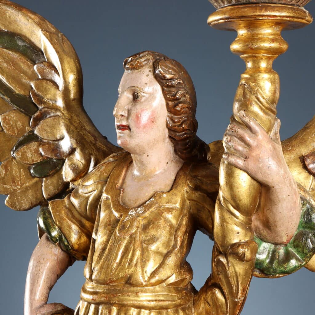 Pair of Candle-Bearing Angels, 17th-Century Antique Sculpture