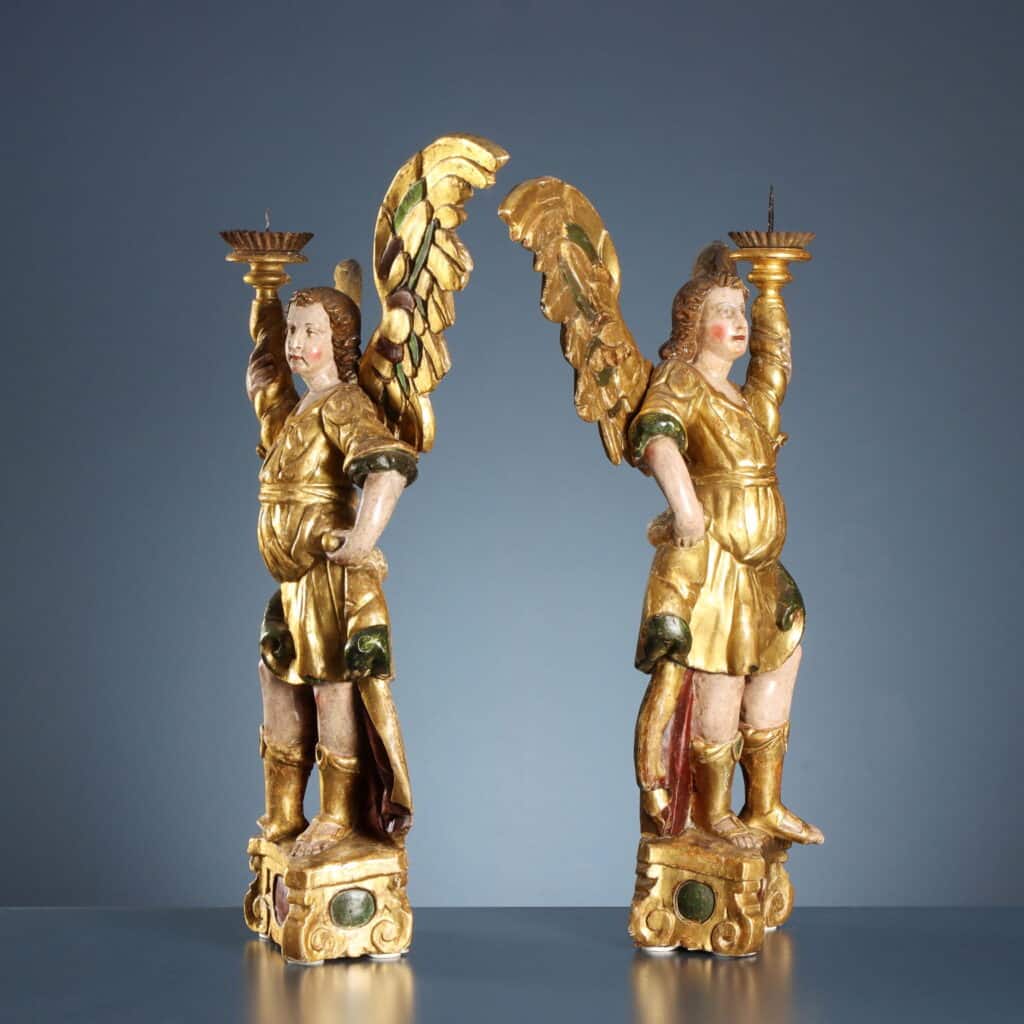 Pair of Candle-Bearing Angels, 17th-Century Antique Sculpture