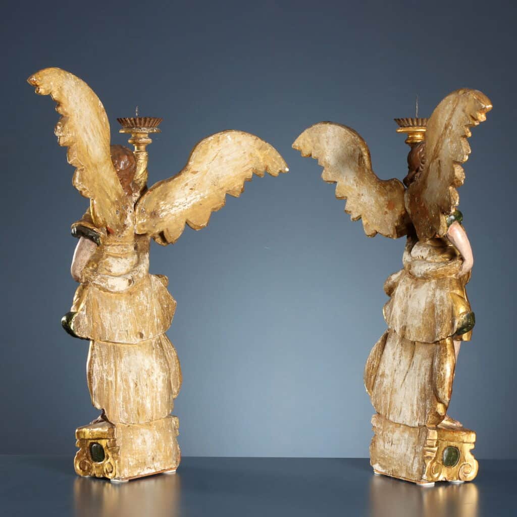 Pair of Candle-Bearing Angels, 17th-Century Antique Sculpture