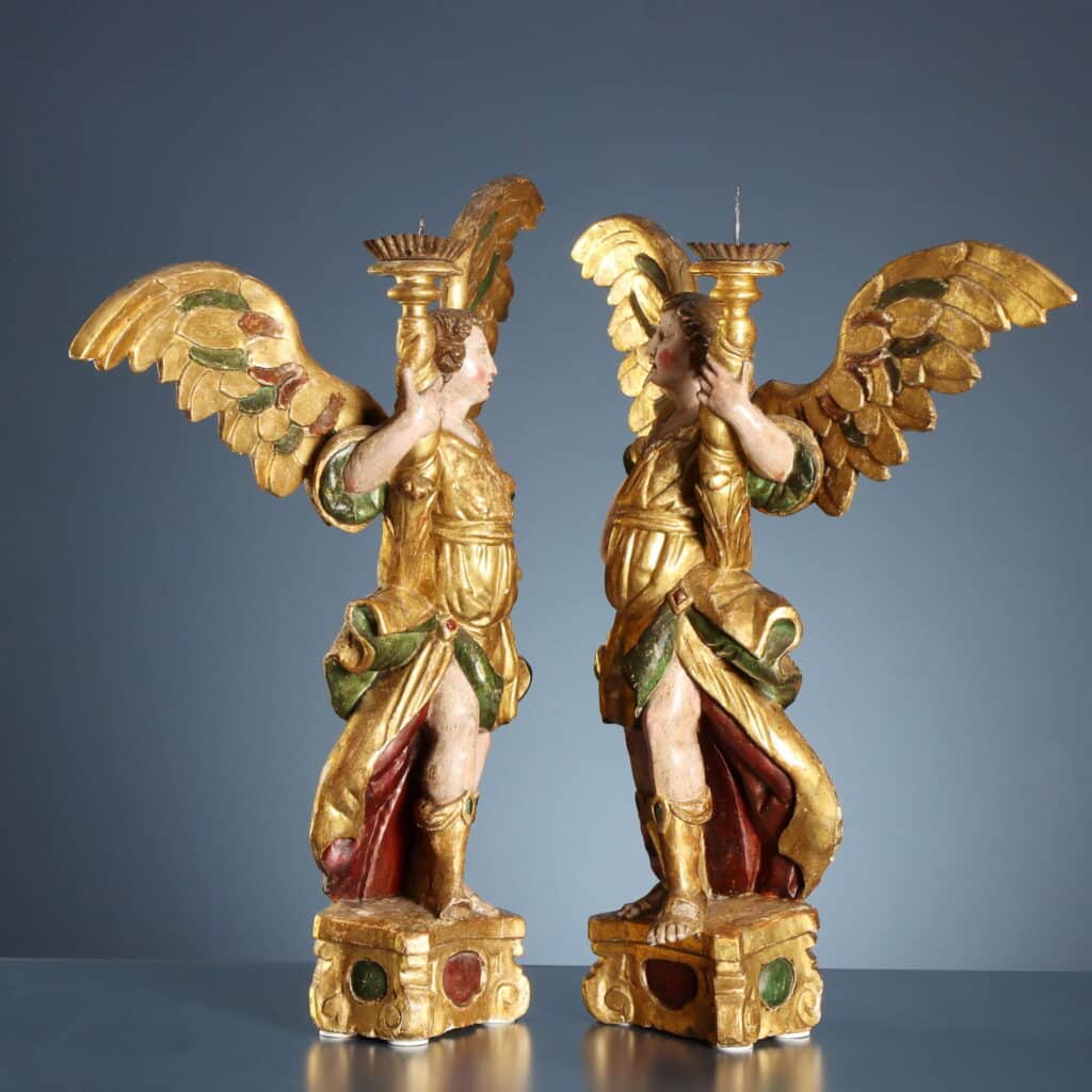 Pair of Candle-Bearing Angels, 17th-Century Antique Sculpture