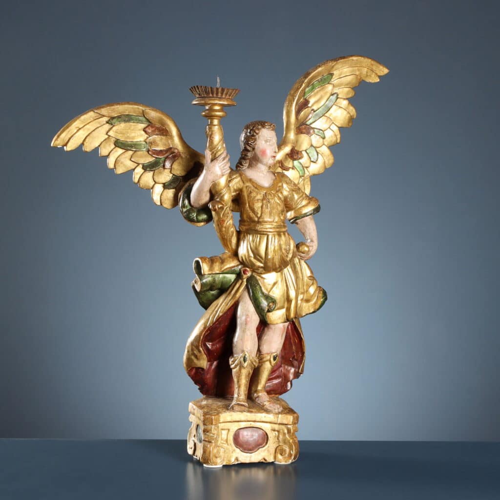 Pair of Candle-Bearing Angels, 17th-Century Antique Sculpture