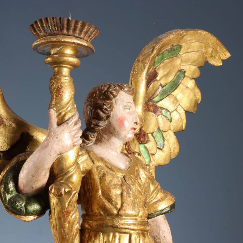 Pair of Candle-Bearing Angels, 17th-Century Antique Sculpture