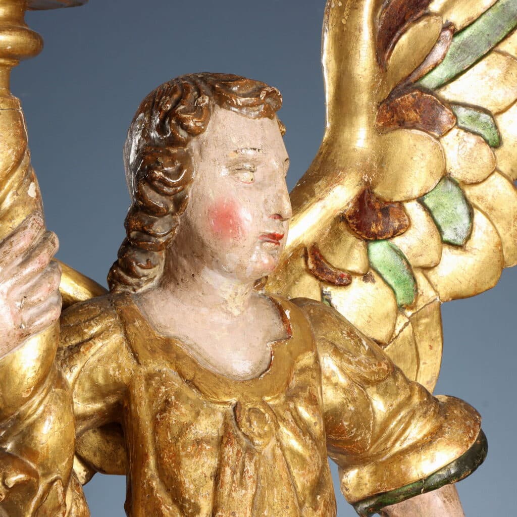 Pair of Candle-Bearing Angels, 17th-Century Antique Sculpture