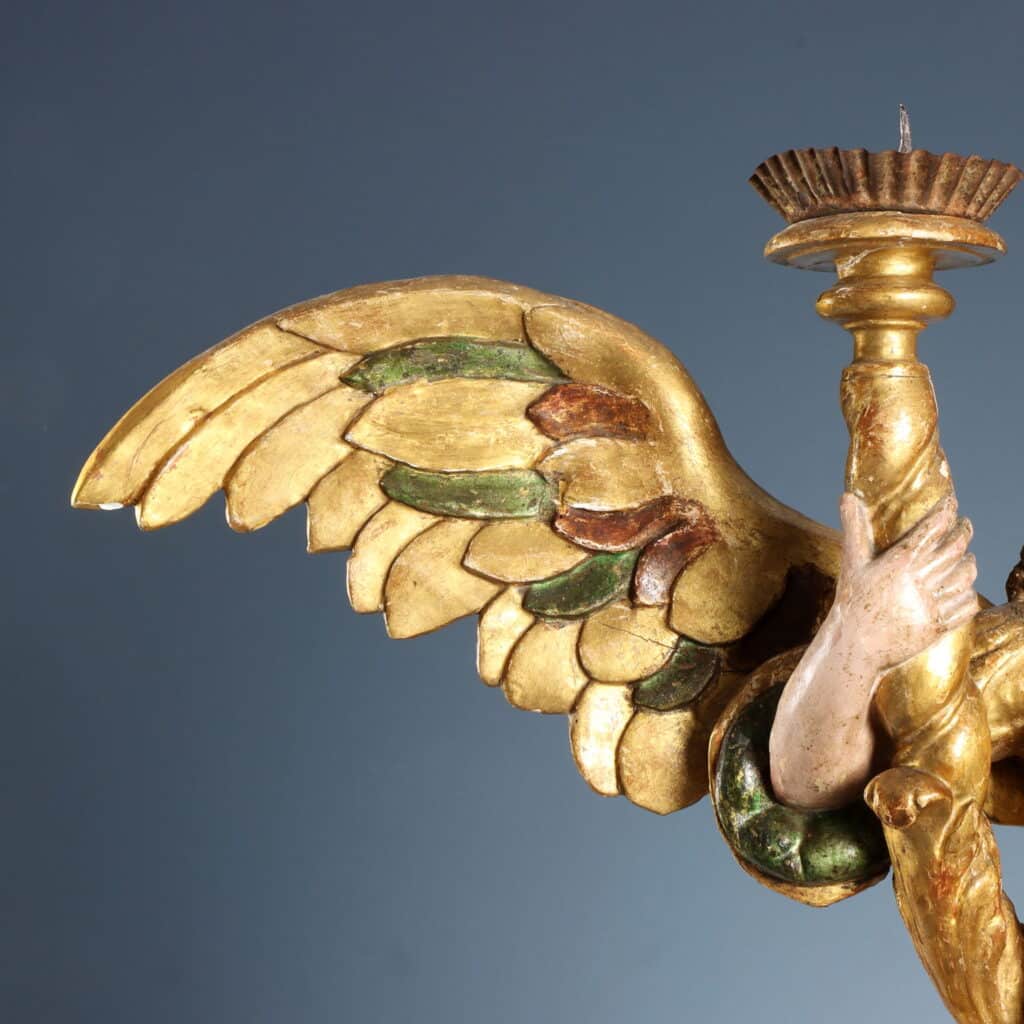 Pair of Candle-Bearing Angels, 17th-Century Antique Sculpture
