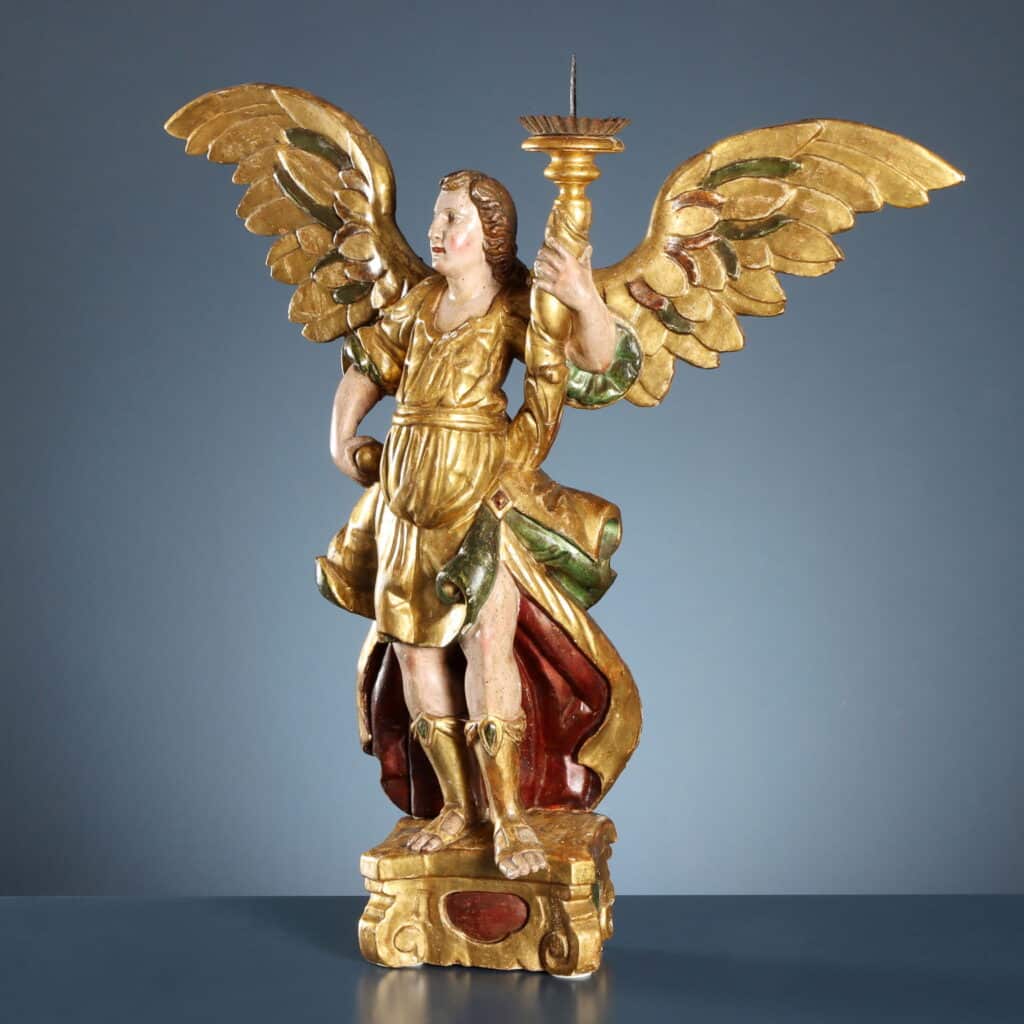 Pair of Candle-Bearing Angels, 17th-Century Antique Sculpture
