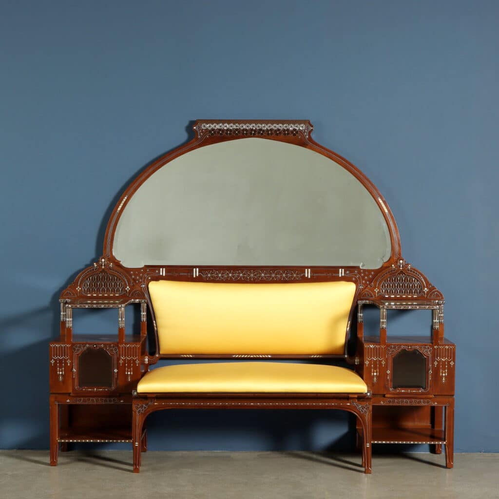 Sofa with integrated mirror, one of the finest examples of Quarti's mature Art Nouveau design.