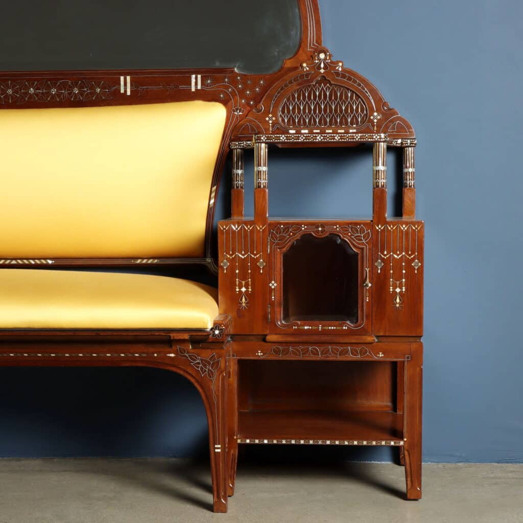 Sofa with integrated mirror, one of the finest examples of Quarti's mature Art Nouveau design.