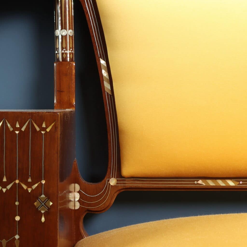 Sofa with integrated mirror, one of the finest examples of Quarti's mature Art Nouveau design.